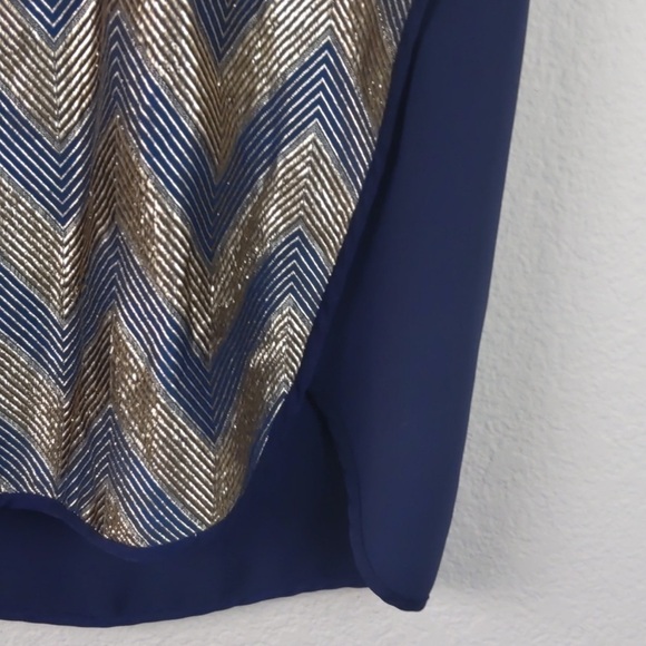 J Crew Tank Top Wool Mixed Metallic Blue Gold Gilded Chevron Shell Blouse Size 6 - Picture 7 of 11